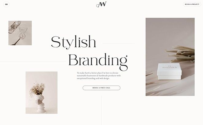 Minimalist webpage using oversized serif typography and balanced image blocks